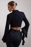Sophie Black Cotton-Blend Tailored Cropped Blazer With Ruffled Cuffs