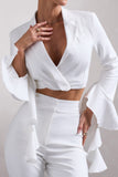 Sophie White Cotton-Blend Tailored Cropped Blazer With Ruffled Cuffs