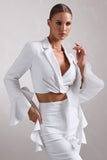 Sophie White Cotton-Blend Tailored Cropped Blazer With Ruffled Cuffs