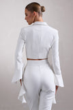 Sophie White Cotton-Blend Tailored Cropped Blazer With Ruffled Cuffs