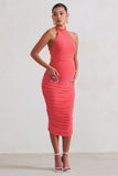 Chrissy Coral Maternity Halterneck Ruched Midi Dress