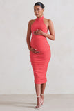 Chrissy Coral Maternity Halterneck Ruched Midi Dress