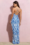 Syrah Blue Porcelain Print Ruffled Strappy Maxi Dress