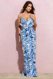 Syrah Blue Porcelain Print Ruffled Strappy Maxi Dress