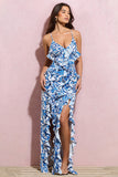 Syrah Blue Porcelain Print Ruffled Strappy Maxi Dress
