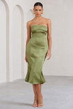 Sauvignon Olive Satin Bandeau Midi Dress With Cowl Back