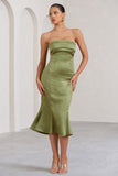 Sauvignon Olive Satin Bandeau Midi Dress With Cowl Back