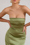 Sauvignon Olive Satin Bandeau Midi Dress With Cowl Back