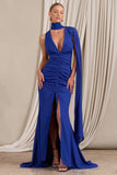 Whimsical Blue Chiffon Plunge Fishtail Maxi Dress With Scarf Design