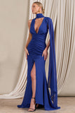 Whimsical Blue Chiffon Plunge Fishtail Maxi Dress With Scarf Design