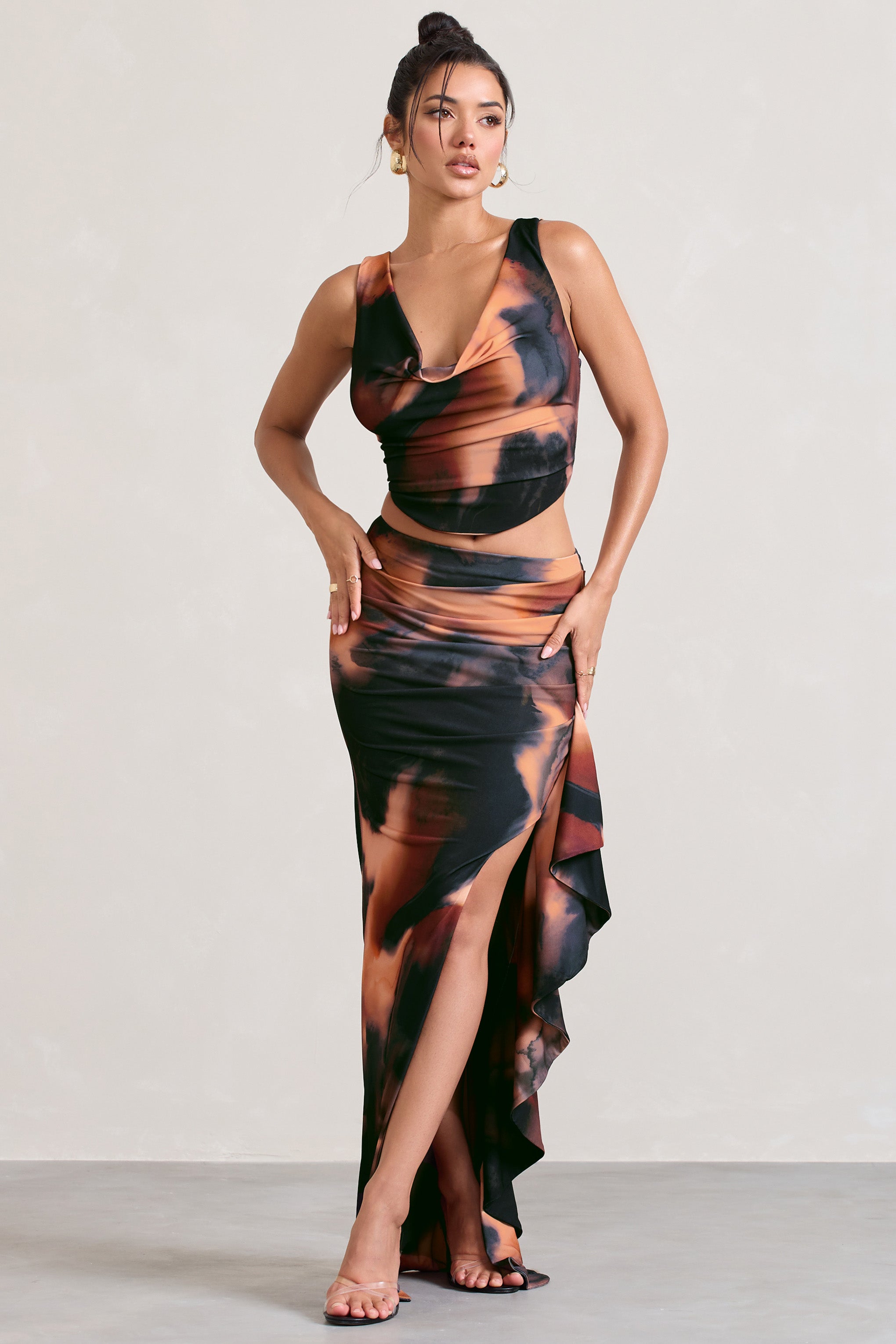 La Belle Orange Smoke Print Ruffle Maxi Skirt With Thigh Split