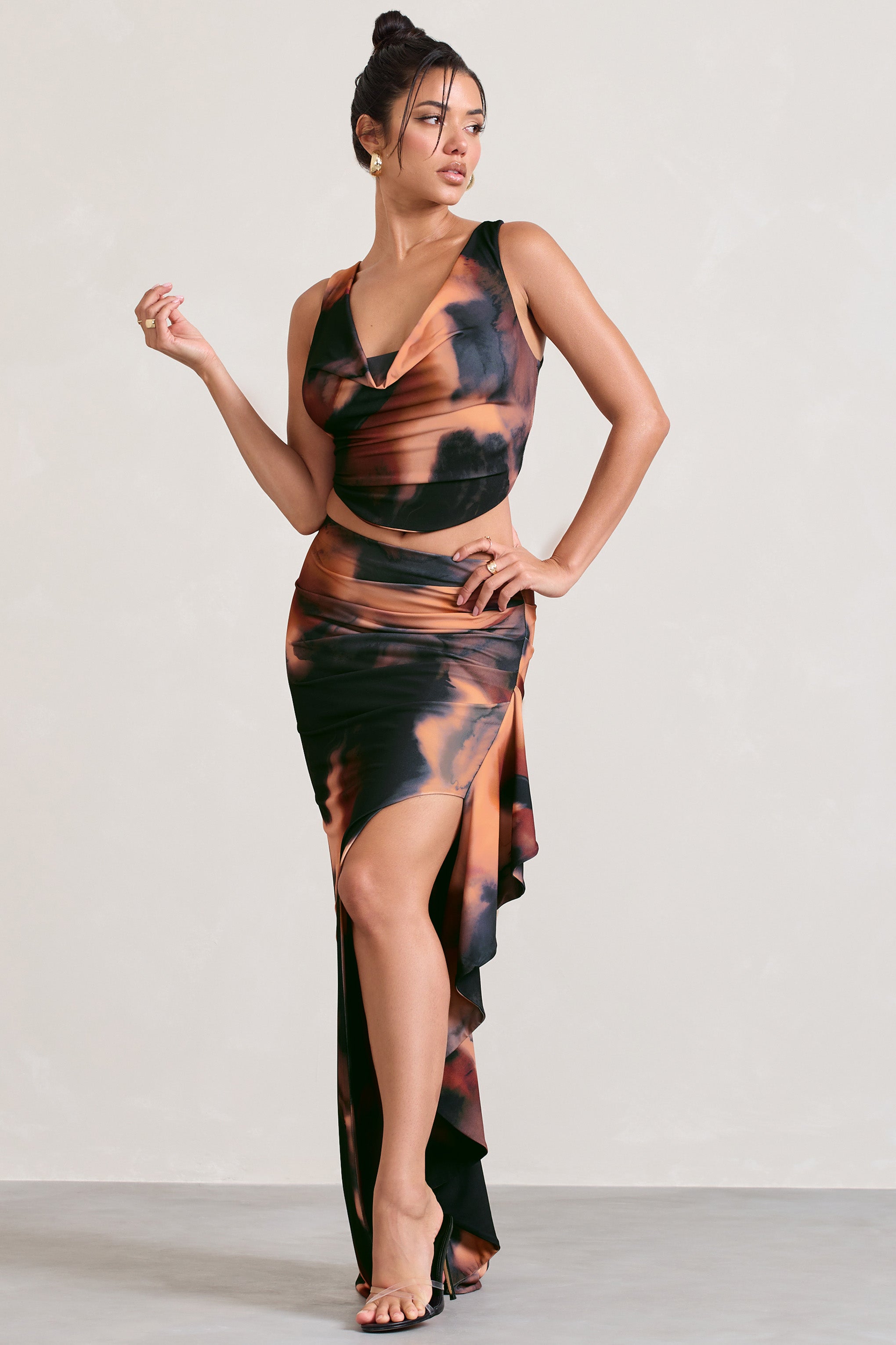 La Belle Orange Smoke Print Ruffle Maxi Skirt With Thigh Split