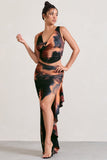 La Belle Orange Smoke Print Ruffle Maxi Skirt With Thigh Split