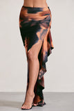 La Belle Orange Smoke Print Ruffle Maxi Skirt With Thigh Split