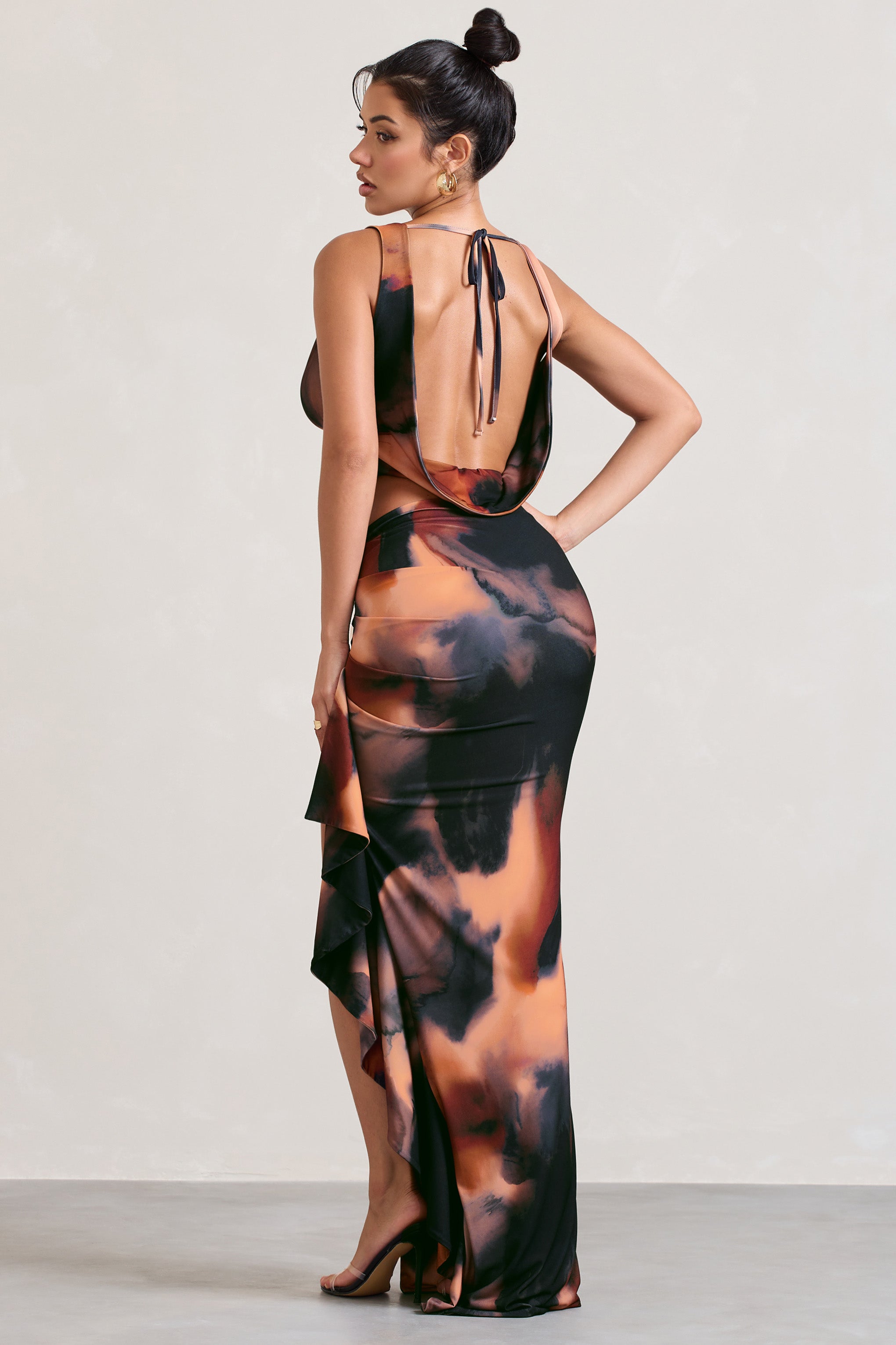 La Belle Orange Smoke Print Ruffle Maxi Skirt With Thigh Split
