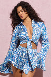 Marisela Blue Porcelain Print Satin Flared Sleeve Cropped Shirt