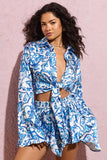 Marisela Blue Porcelain Print Satin Flared Sleeve Cropped Shirt