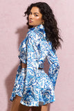 Marisela Blue Porcelain Print Satin Flared Sleeve Cropped Shirt