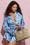 Marisela Blue Porcelain Print Satin Flared Sleeve Cropped Shirt