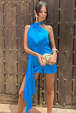 Ladies Day Blue Satin Scarf Detail Playsuit