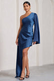 Hanna Navy One Shoulder Asymmetric Draped Satin Mini Dress