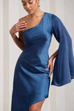 Hanna Navy One Shoulder Asymmetric Draped Satin Mini Dress