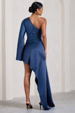 Hanna Navy One Shoulder Asymmetric Draped Satin Mini Dress