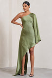 Hanna Olive One Shoulder Asymmetric Draped Satin Mini Dress