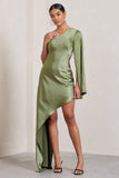 Hanna Olive One Shoulder Asymmetric Draped Satin Mini Dress