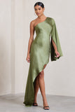 Hanna Olive One Shoulder Asymmetric Draped Satin Mini Dress