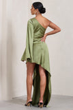 Hanna Olive One Shoulder Asymmetric Draped Satin Mini Dress