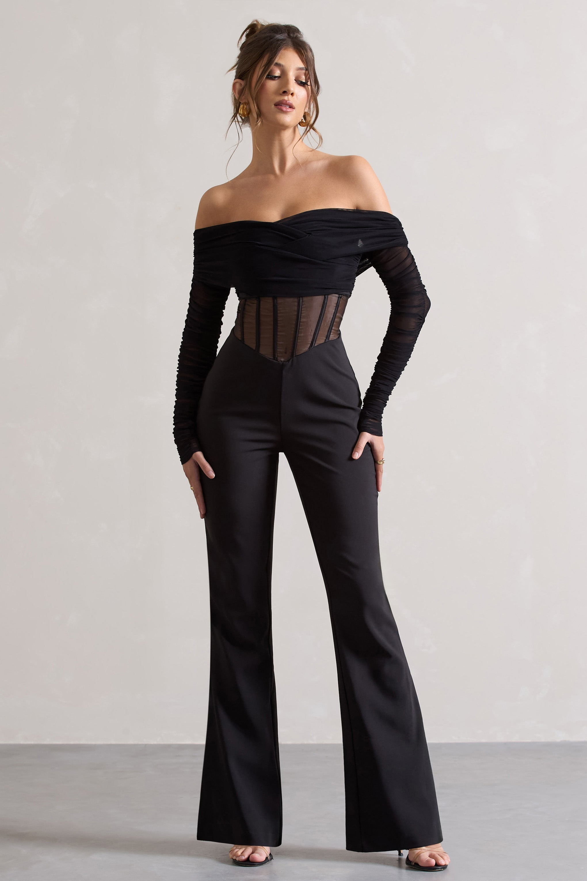 Into The Night Black Sheer Bardot Long-Sleeved Corset Jumpsuit