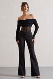 Into The Night Black Sheer Bardot Long-Sleeved Corset Jumpsuit