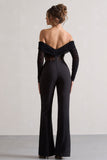 Into The Night Black Sheer Bardot Long-Sleeved Corset Jumpsuit