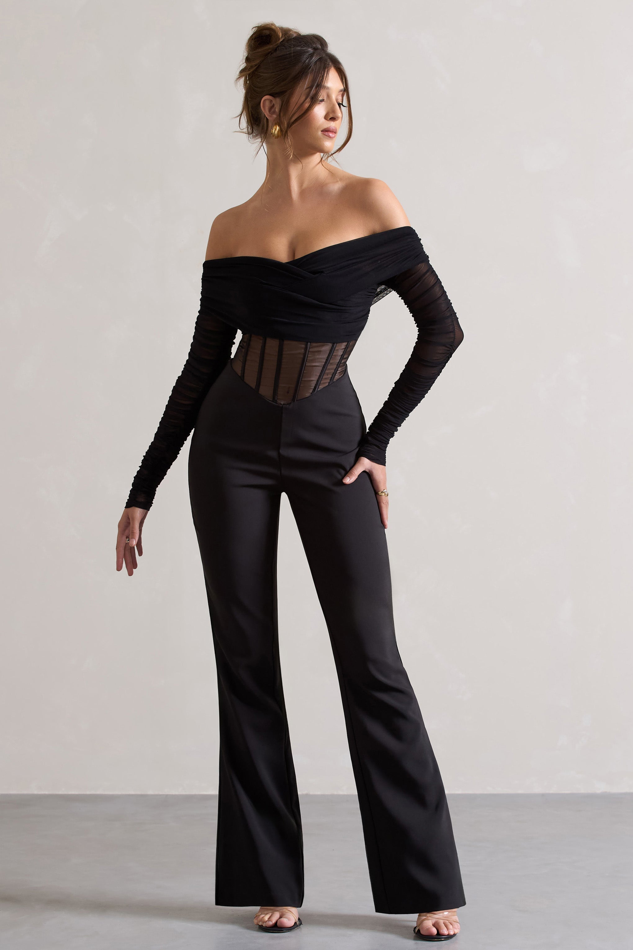 Into The Night Black Sheer Bardot Long-Sleeved Corset Jumpsuit