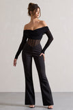 Into The Night Black Sheer Bardot Long-Sleeved Corset Jumpsuit