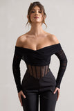 Into The Night Black Sheer Bardot Long-Sleeved Corset Jumpsuit