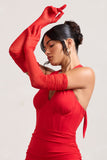 Your Touch Red Sheer Long Ruched Gloves
