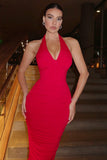Amy Red Halter-Neck Corset Ruched Midi Dress