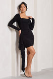 Crimson Cut Black Long-Sleeved Ruffled Bodycon Mini Dress