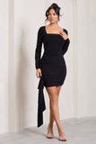 Crimson Cut Black Long-Sleeved Ruffled Bodycon Mini Dress