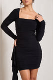 Crimson Cut Black Long-Sleeved Ruffled Bodycon Mini Dress