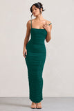 Ellis Bottle Green Ruched Mesh Strappy Bodycon Maxi Dress