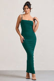 Ellis Bottle Green Ruched Mesh Strappy Bodycon Maxi Dress