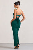 Ellis Bottle Green Ruched Mesh Strappy Bodycon Maxi Dress