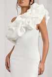 At The Opera White Satin One Shoulder Ruffled Mini Dress