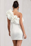 At The Opera White Satin One Shoulder Ruffled Mini Dress