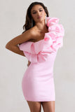 At The Opera Pink Satin One Shoulder Ruffled Mini Dress