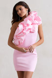 At The Opera Pink Satin One Shoulder Ruffled Mini Dress