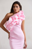 At The Opera Pink Satin One Shoulder Ruffled Mini Dress
